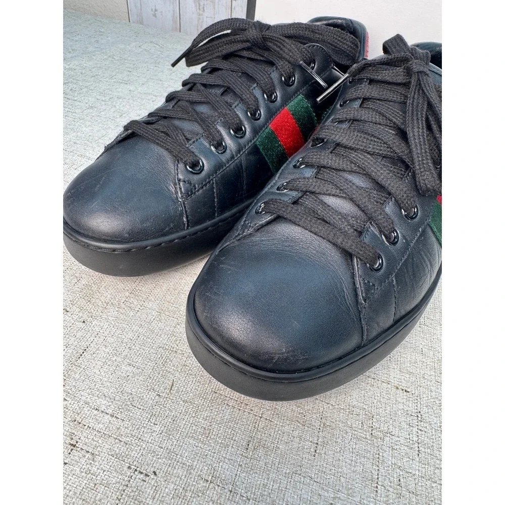 Gucci Ace Low Top Sneakers Black Leather Web Stripe Men's 9 Authentic w/ Box